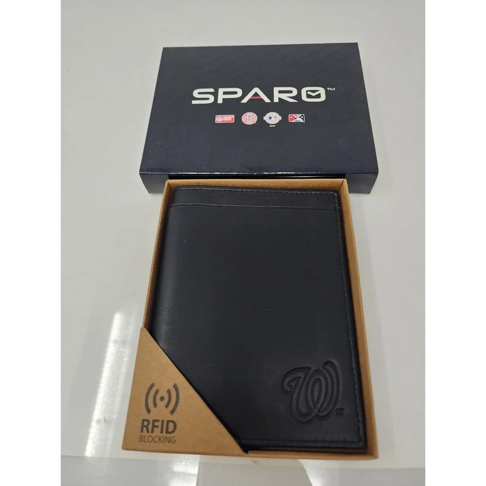 Sparo Mens Washington Nationals Bifold Travel Wallet Black Leather RFID Size OS